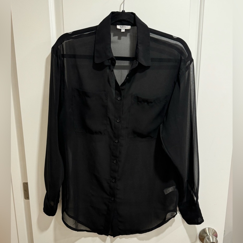 sheer black button down top / bathing suit cover up